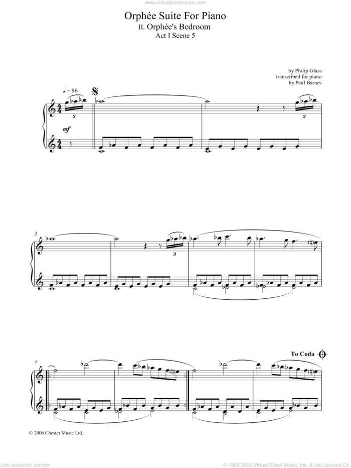 Orphee Suite For Piano, II. Orphee's Bedroom, Act I, Scene 5 sheet music for piano solo by Philip Glass, classical score, intermediate skill level