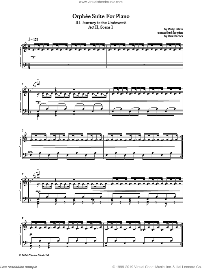 Orphee Suite For Piano, III. Journey To The Underworld, Act II, Scene 1 sheet music for piano solo by Philip Glass, classical score, intermediate skill level