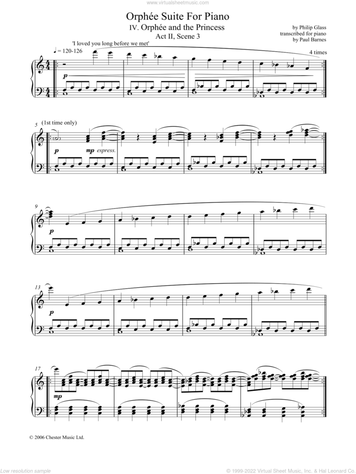 Orphee Suite For Piano, IV. Orphee And The Princess, Act II, Scene 3 sheet music for piano solo by Philip Glass, classical score, intermediate skill level