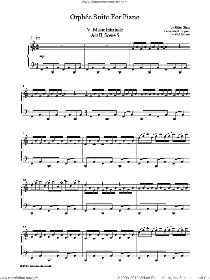 Orphee Suite For Piano, V. Music Interlude, Act II, Scene 5 sheet music for piano solo by Philip Glass, classical score, intermediate skill level