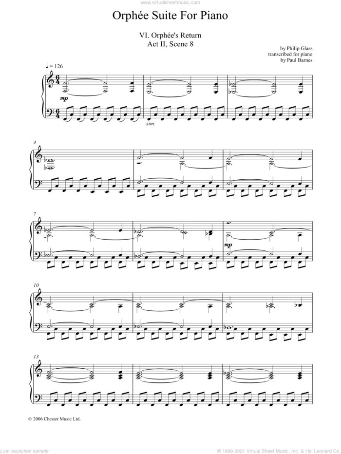 Orphee Suite For Piano, VI. Orphee's Return, Act II, Scene 8 sheet music for piano solo by Philip Glass, classical score, intermediate skill level