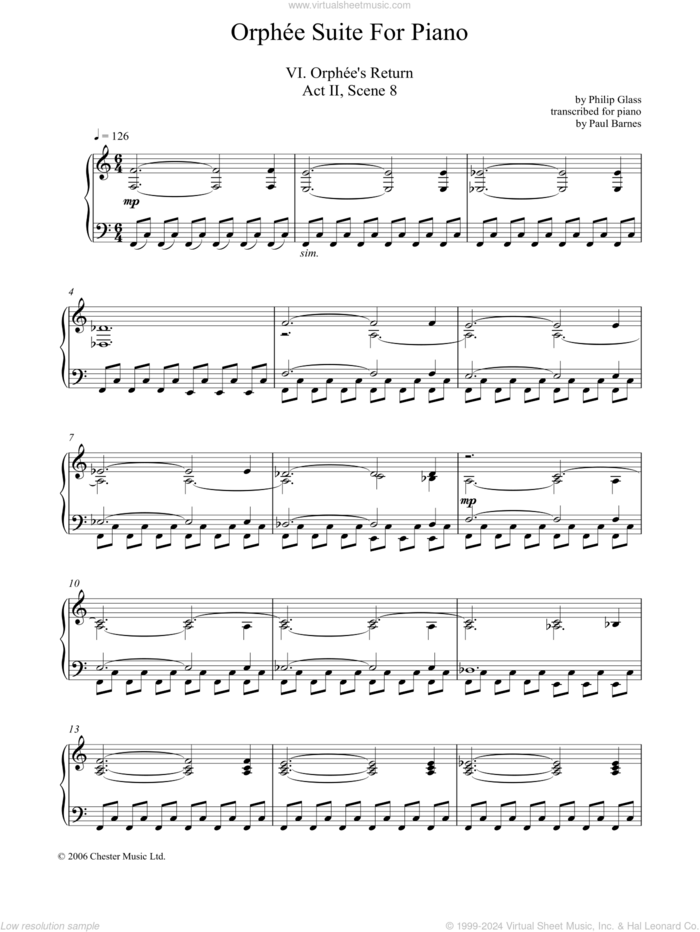 Orphee Suite For Piano, VI. Orphee's Return, Act II, Scene 8 sheet music for piano solo by Philip Glass, classical score, intermediate skill level