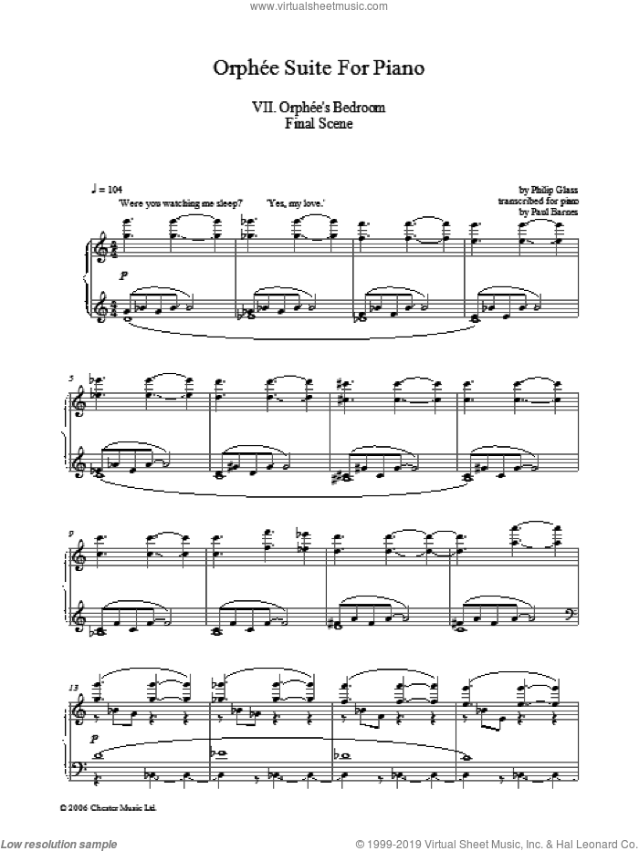 Orphee Suite For Piano, VII. Orphee's Bedroom Final Scene sheet music for piano solo by Philip Glass, classical score, intermediate skill level