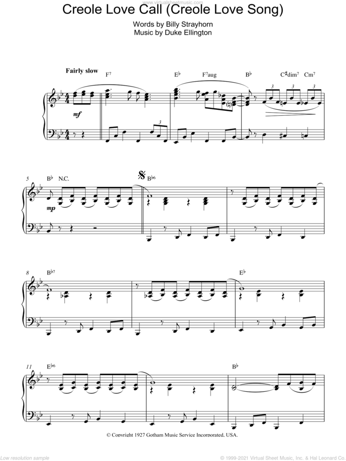 Creole Love Call (Creole Love Song) sheet music for piano solo by Duke Ellington and Billy Strayhorn, intermediate skill level