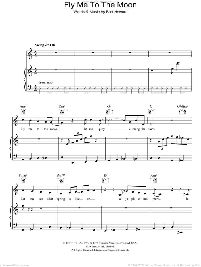 Fly Me To The Moon (In Other Words) sheet music for voice, piano or guitar by Frank Sinatra and Bart Howard, wedding score, intermediate skill level