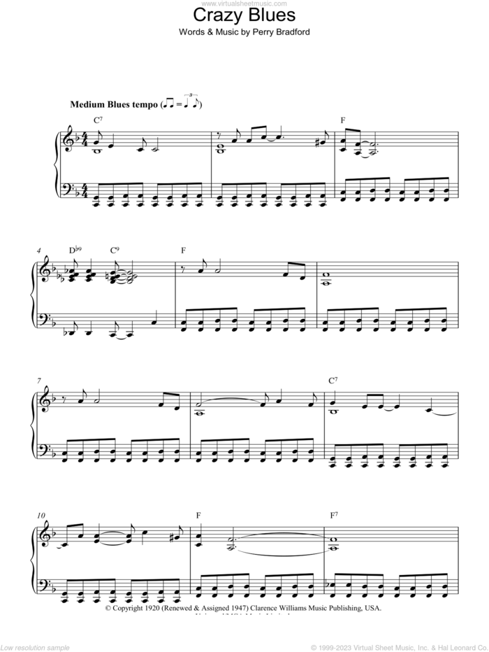 Crazy Blues sheet music for piano solo by Perry Bradford, intermediate skill level