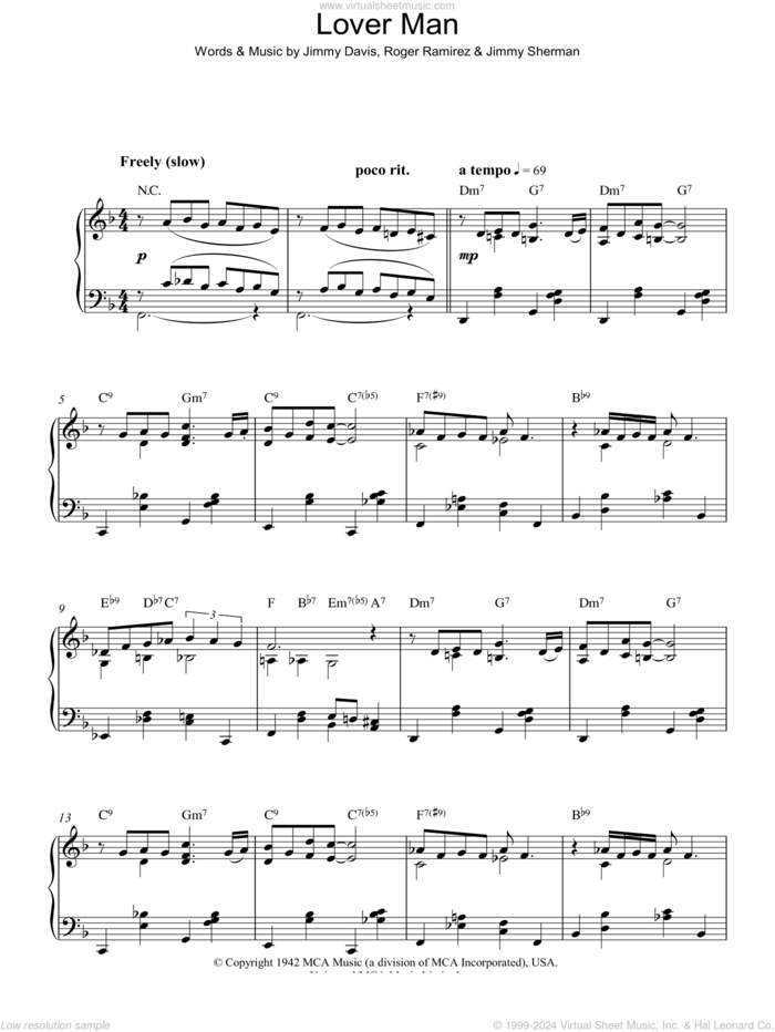 Lover Man (Oh, Where Can You Be) sheet music for piano solo by Billie Holiday, Jimmie Davis, Jimmy Sherman and Roger Ramirez, intermediate skill level