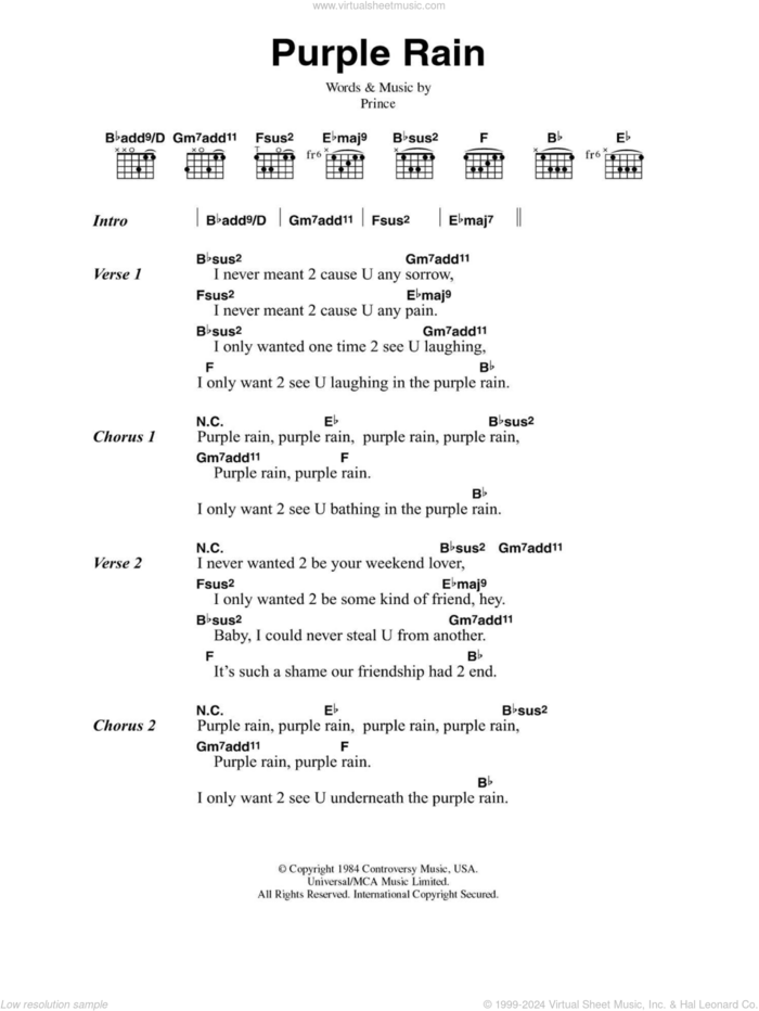 Purple Rain sheet music for guitar (chords) by Prince and Prince & The Revolution, intermediate skill level