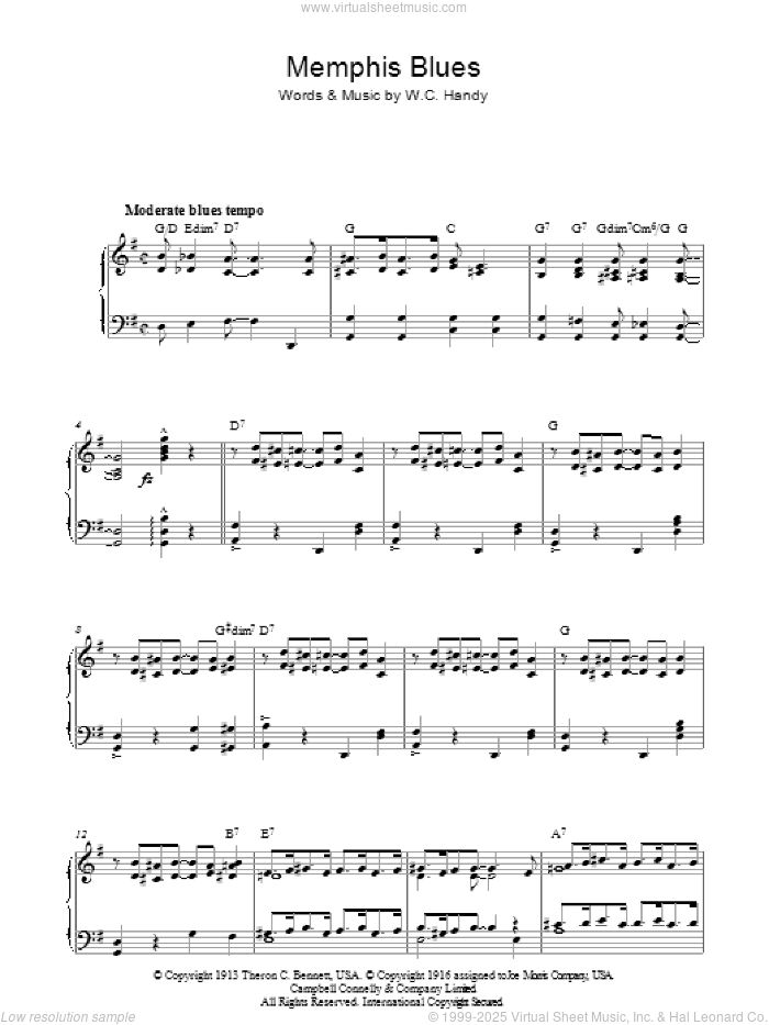 Memphis Blues, (intermediate) sheet music for piano solo by W.C. Handy, intermediate skill level