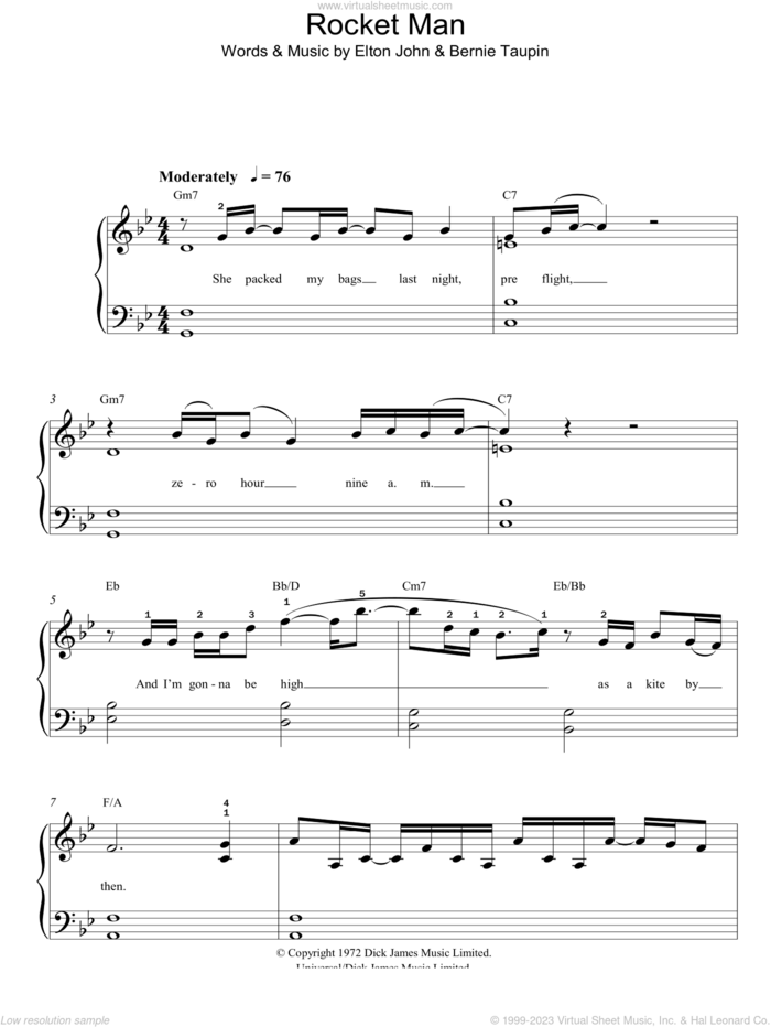 Rocket Man sheet music for piano solo by Elton John and Bernie Taupin, easy skill level