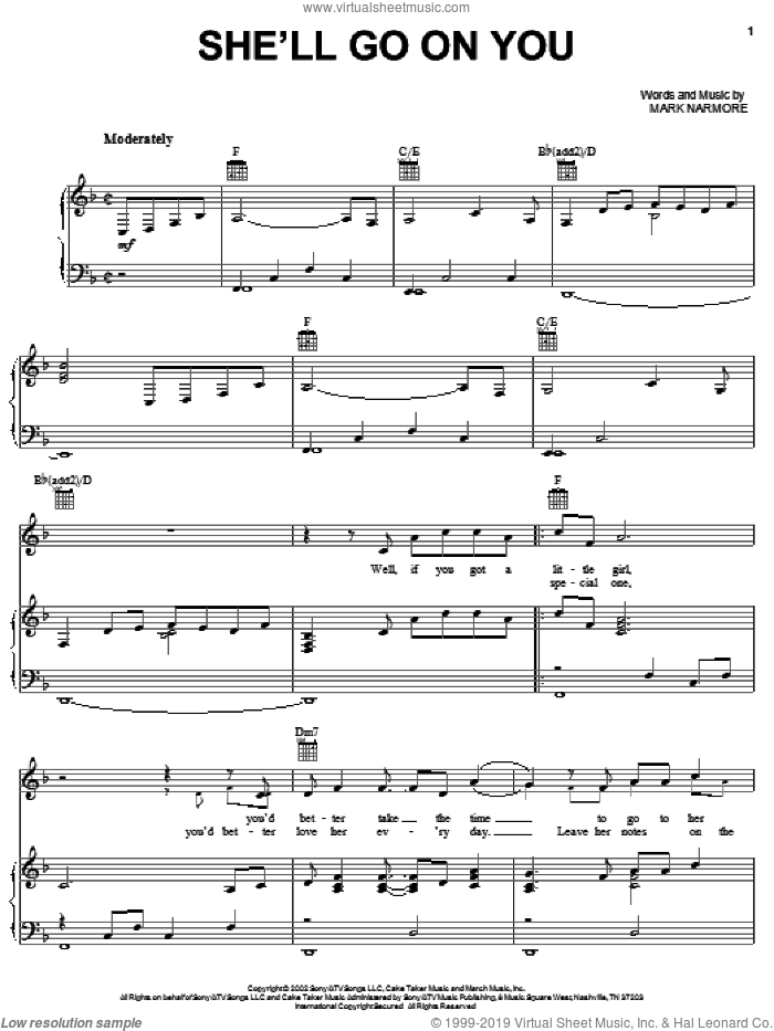 She'll Go On You sheet music for voice, piano or guitar by Josh Turner and Mark Narmore, intermediate skill level