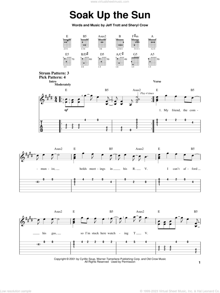 Soak Up The Sun sheet music for guitar solo (easy tablature) by Sheryl Crow and Jeff Trott, easy guitar (easy tablature)