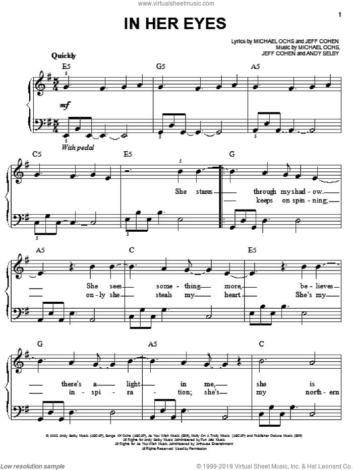 In Her Eyes sheet music for piano solo by Josh Groban, Andy Selby, Jeff Cohen and Michael Ochs, easy skill level
