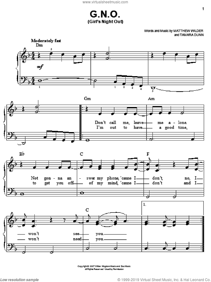 G.N.O. (Girl's Night Out) sheet music for piano solo by Hannah Montana, Miley Cyrus, Matthew Wilder and Tamara Dunn, easy skill level