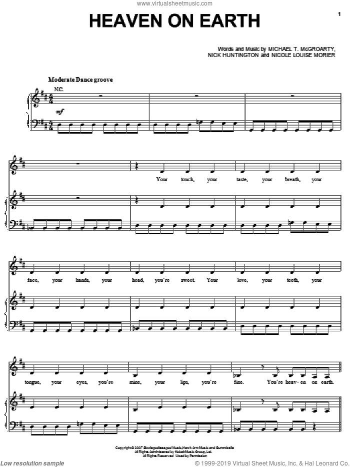 Heaven On Earth sheet music for voice, piano or guitar by Britney Spears, Michael T. McGroarty, Nick Huntington and Nicole Morier, intermediate skill level