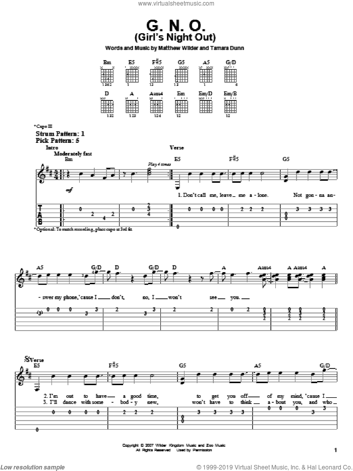 G.N.O. (Girl's Night Out) sheet music for guitar solo (easy tablature) by Hannah Montana, Miley Cyrus, Matthew Wilder and Tamara Dunn, easy guitar (easy tablature)