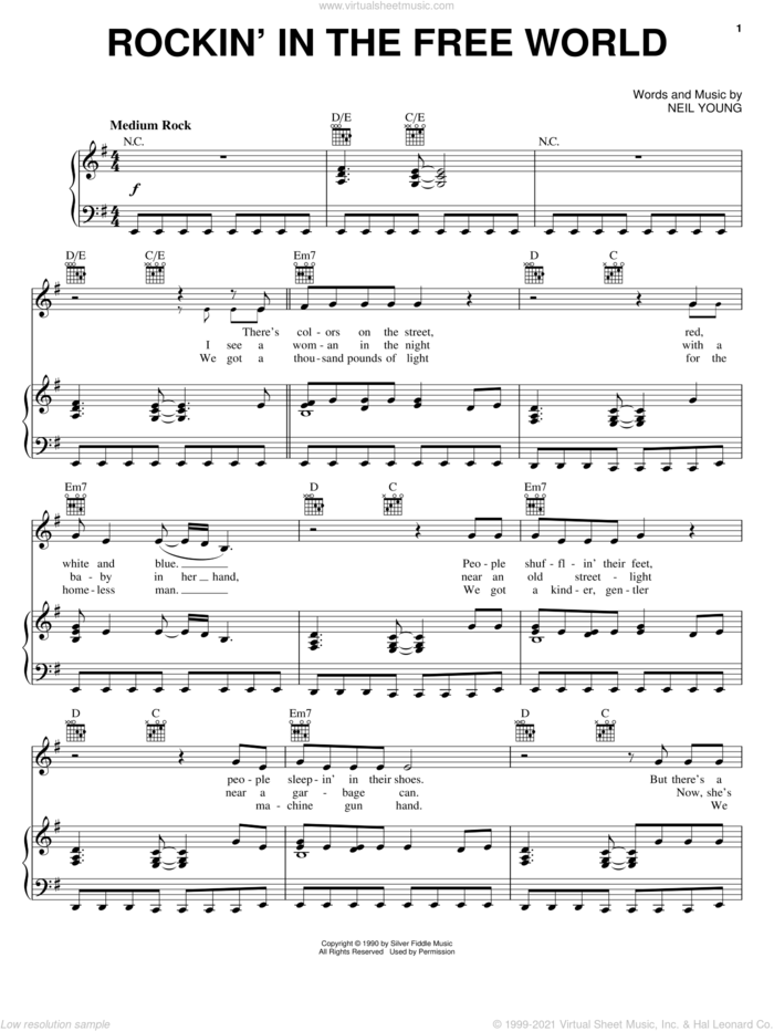 Rockin' In The Free World sheet music for voice, piano or guitar by Neil Young and Pearl Jam, intermediate skill level