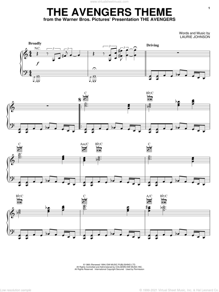 The Avengers Theme sheet music for piano solo by Laurie Johnson, intermediate skill level