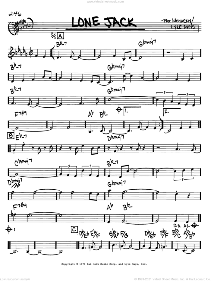 Lone Jack sheet music for voice and other instruments (in C) by Pat Metheny and Lyle Mays, intermediate skill level