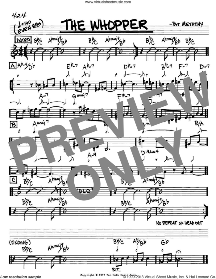 The Whopper sheet music for voice and other instruments (in C) by Pat Metheny, intermediate skill level