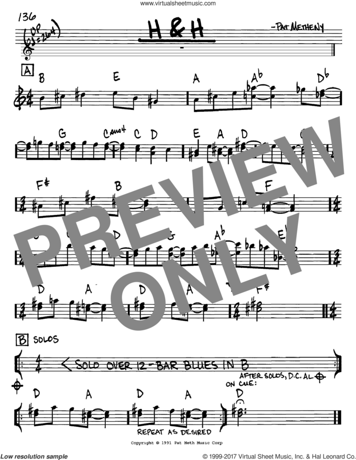 H and H sheet music for voice and other instruments (in C) by Pat Metheny, intermediate skill level