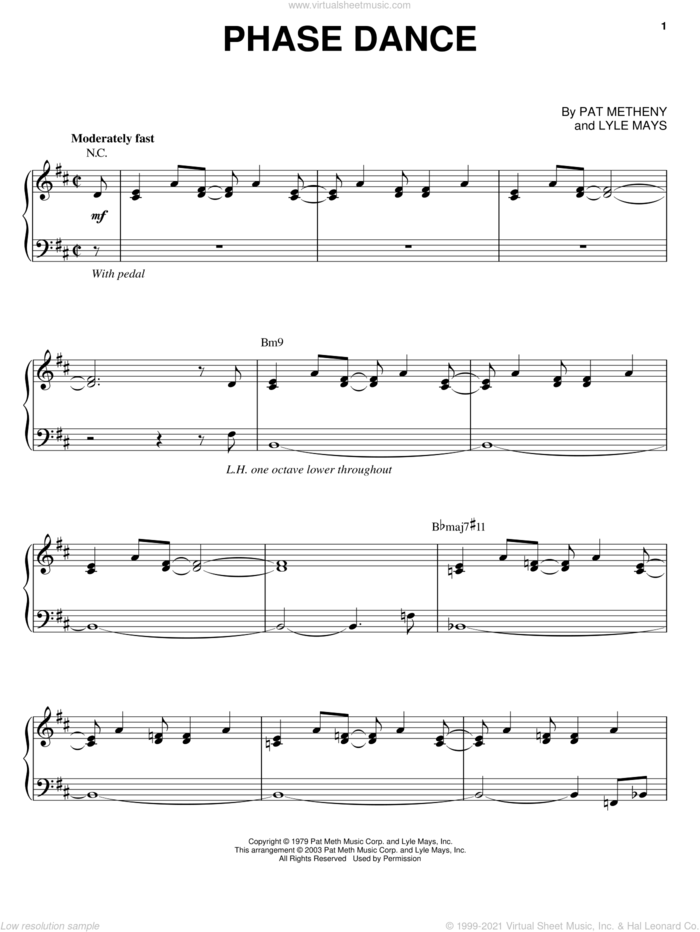 Phase Dance sheet music for piano solo by Pat Metheny and Lyle Mays, intermediate skill level
