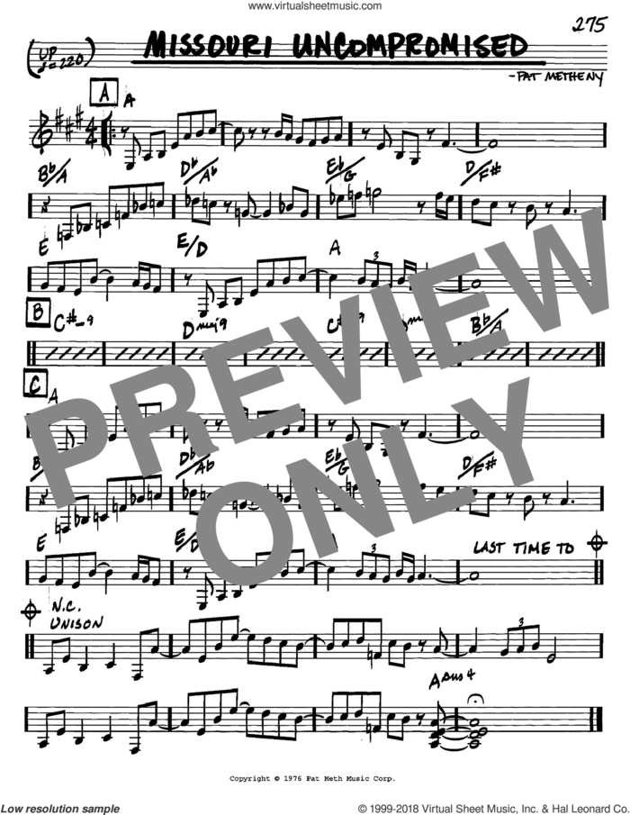 Missouri Uncompromised sheet music for voice and other instruments (in C) by Pat Metheny, intermediate skill level