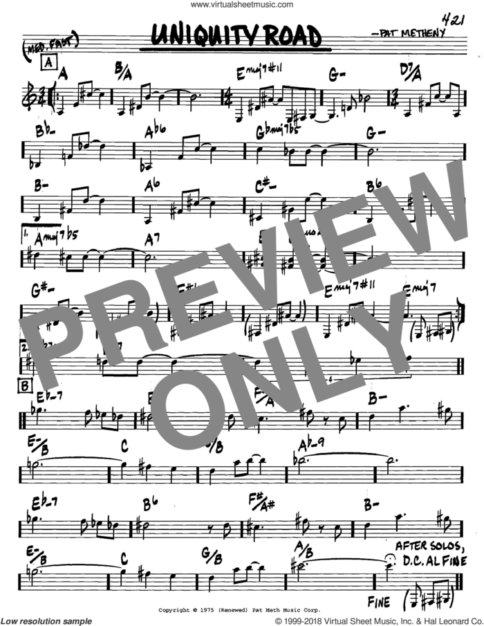 Uniquity Road sheet music for voice and other instruments (in C) by Pat Metheny, intermediate skill level