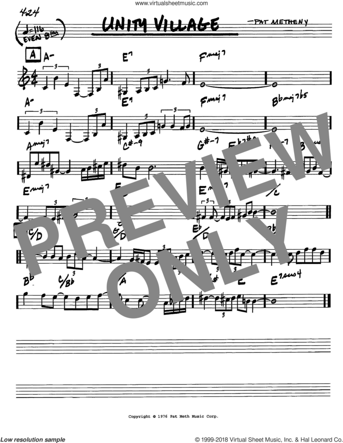 Unity Village sheet music for voice and other instruments (in C) by Pat Metheny, intermediate skill level