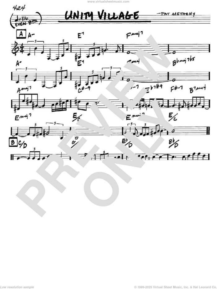 Unity Village sheet music for voice and other instruments (in C) by Pat Metheny, intermediate skill level