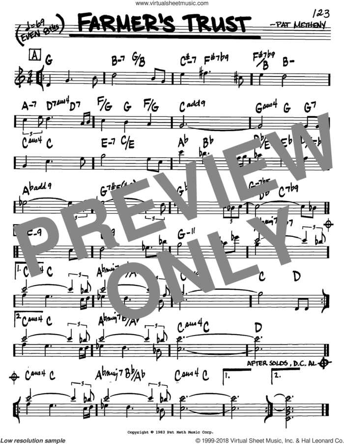 Farmer's Trust sheet music for voice and other instruments (in C) by Pat Metheny, intermediate skill level