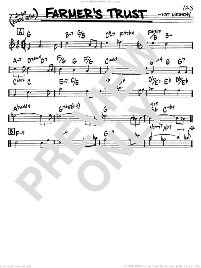 Farmer's Trust sheet music for voice and other instruments (in C) by Pat Metheny, intermediate skill level