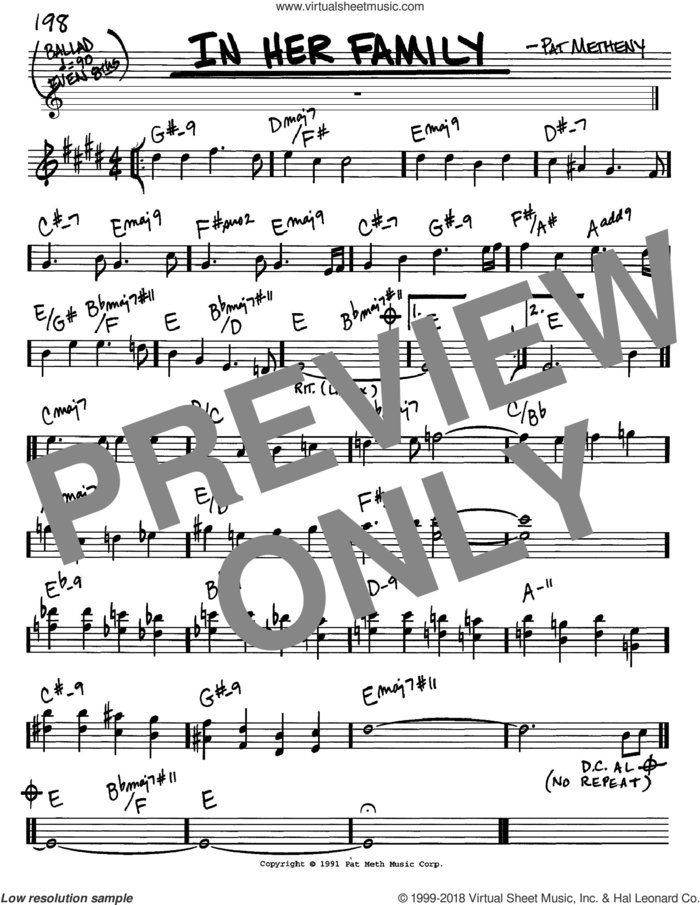 In Her Family sheet music for voice and other instruments (in C) by Pat Metheny, intermediate skill level