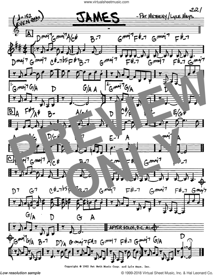 James sheet music for voice and other instruments (in C) by Pat Metheny and Lyle Mays, intermediate skill level