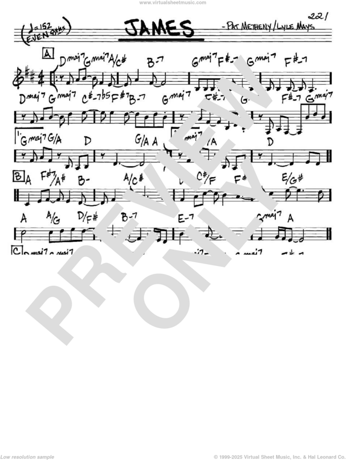 James sheet music for voice and other instruments (in C) by Pat Metheny and Lyle Mays, intermediate skill level