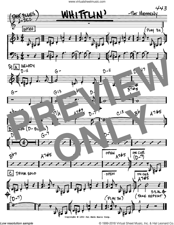 Whittlin' sheet music for voice and other instruments (in C) by Pat Metheny, intermediate skill level