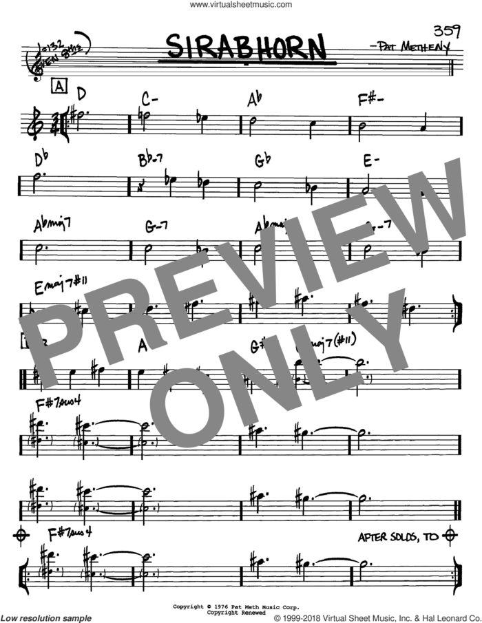Sirabhorn sheet music for voice and other instruments (in Bb) by Pat Metheny, intermediate skill level