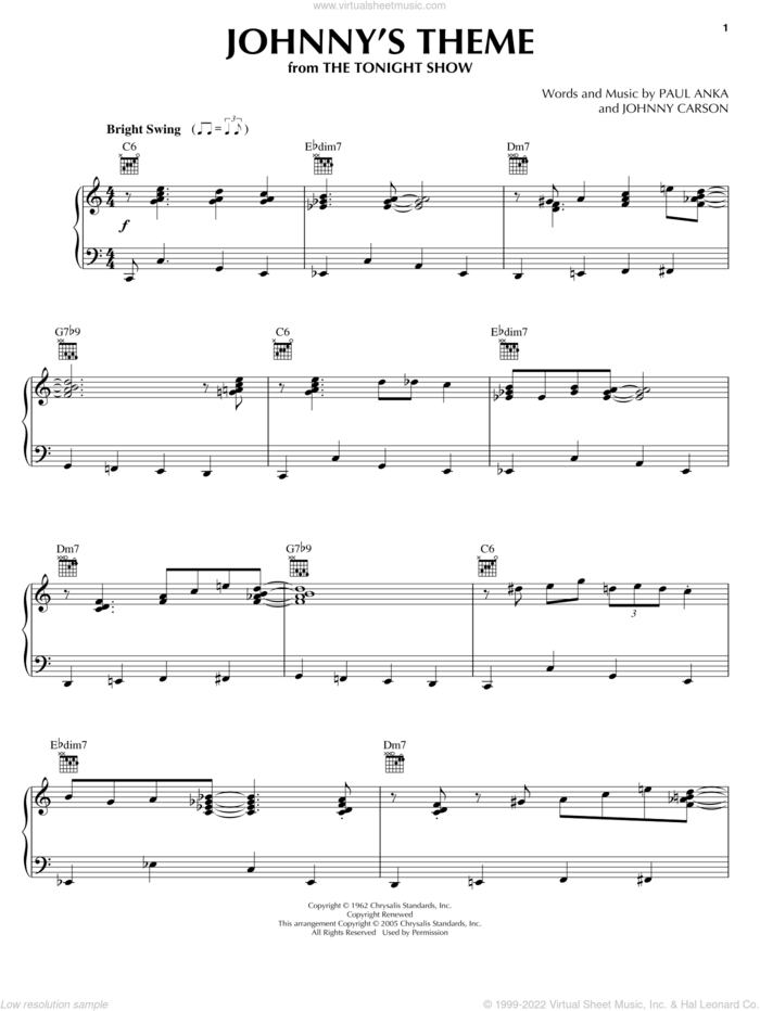 Johnny's Theme sheet music for piano solo by Johnny Carson and Paul Anka, intermediate skill level