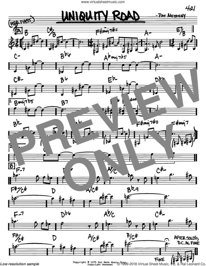 Uniquity Road sheet music for voice and other instruments (in Bb) by Pat Metheny, intermediate skill level