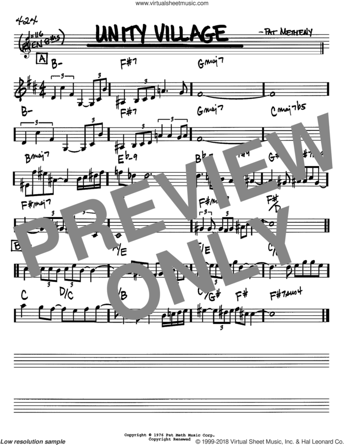 Unity Village sheet music for voice and other instruments (in Bb) by Pat Metheny, intermediate skill level