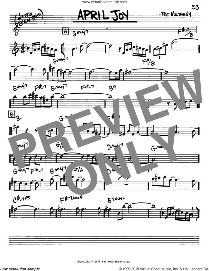 April Joy sheet music for voice and other instruments (in Eb) by Pat Metheny, intermediate skill level
