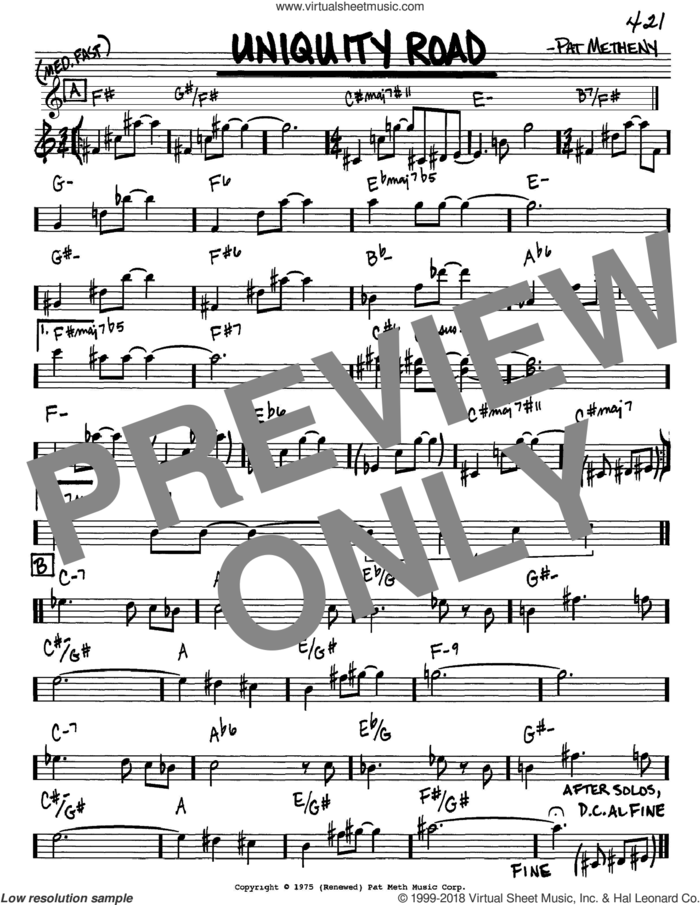 Uniquity Road sheet music for voice and other instruments (in Eb) by Pat Metheny, intermediate skill level