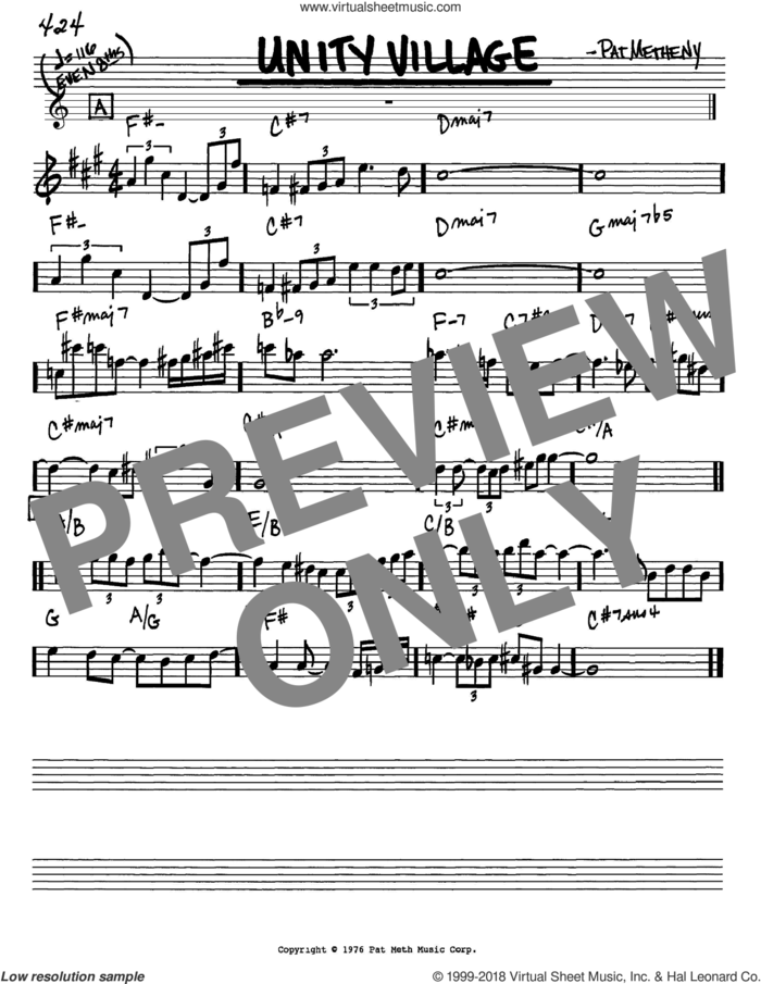Unity Village sheet music for voice and other instruments (in Eb) by Pat Metheny, intermediate skill level