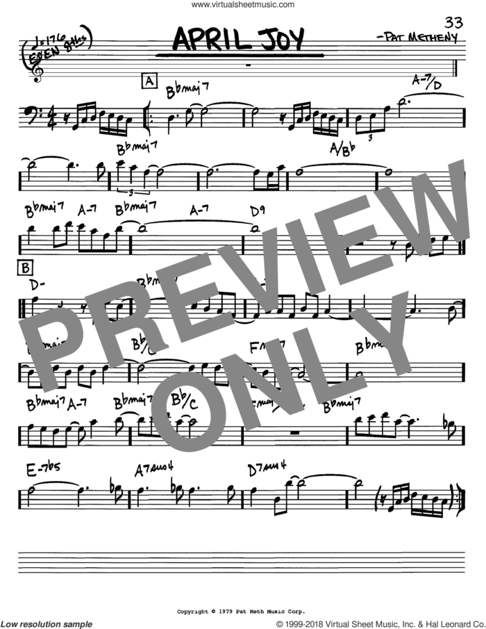 April Joy sheet music for voice and other instruments (bass clef) by Pat Metheny, intermediate skill level