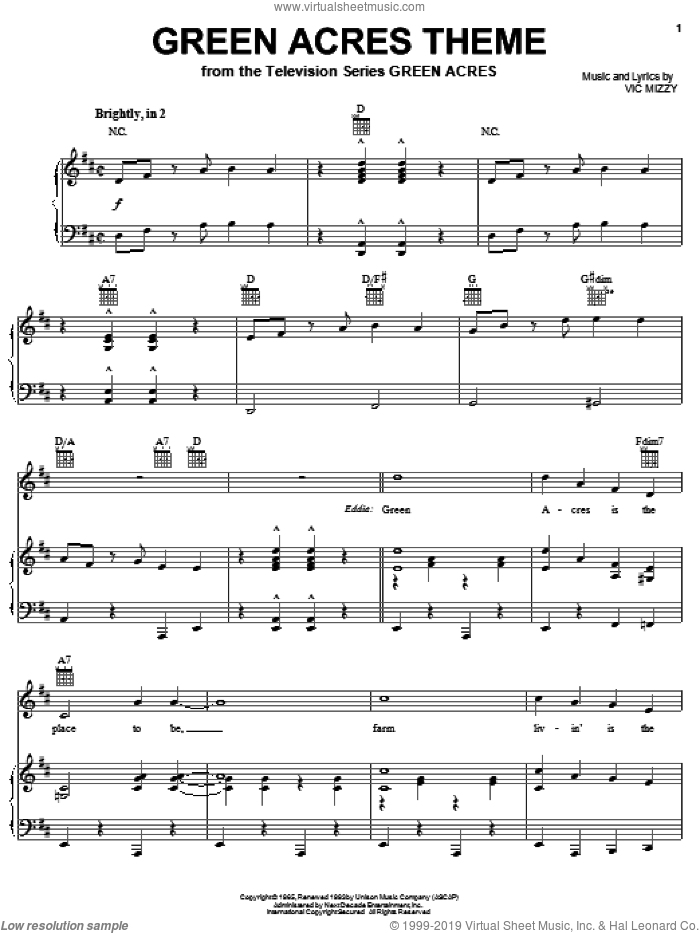 Green Acres Theme sheet music for voice, piano or guitar by Vic Mizzy, intermediate skill level