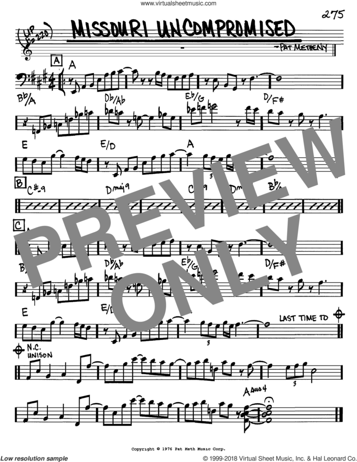 Missouri Uncompromised sheet music for voice and other instruments (bass clef) by Pat Metheny, intermediate skill level