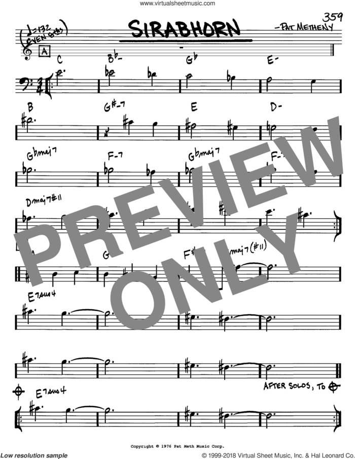 Sirabhorn sheet music for voice and other instruments (bass clef) by Pat Metheny, intermediate skill level