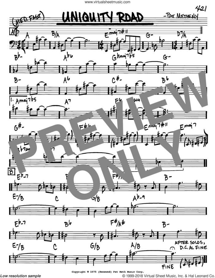 Uniquity Road sheet music for voice and other instruments (bass clef) by Pat Metheny, intermediate skill level