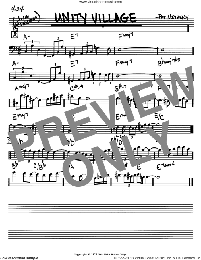 Unity Village sheet music for voice and other instruments (bass clef) by Pat Metheny, intermediate skill level