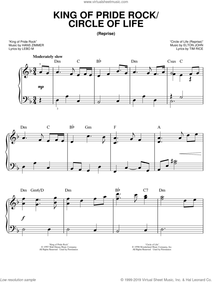 King Of Pride Rock (from The Lion King: Broadway Musical) sheet music for piano solo by Elton John, The Lion King (Musical), Hans Zimmer, Lebo M. and Tim Rice, easy skill level